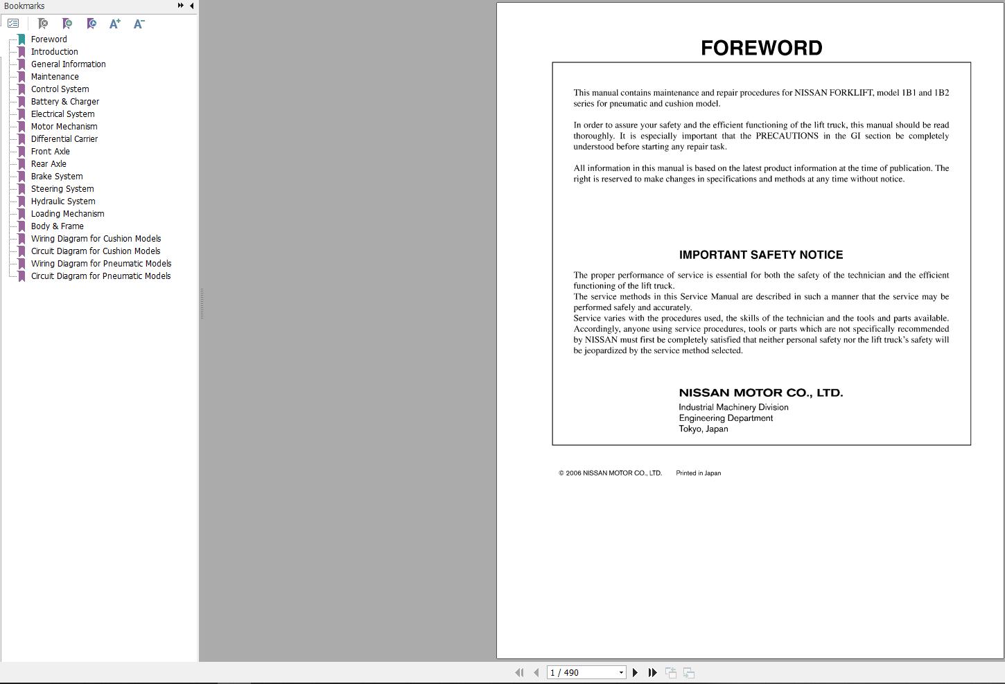 Nissan Forklift 1B1 1B2 Service Manual SM06E B12G0 2006