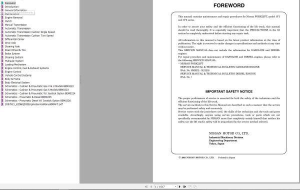 Nissan Forklift 1F1 1F2 Chassis Service Manual 2006