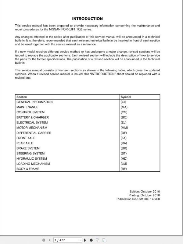 Nissan Forklift 1Q2 Service Manual SM10E Q2E0 2010