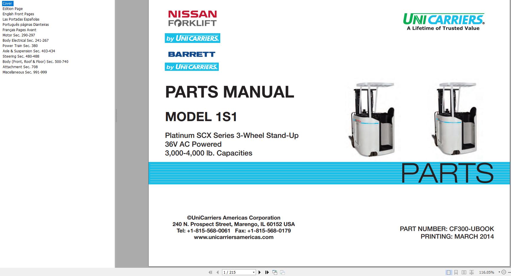 Nissan Forklift 1S1 Parts Catalog CF300 UBOOK 2014 EN FR ES PT