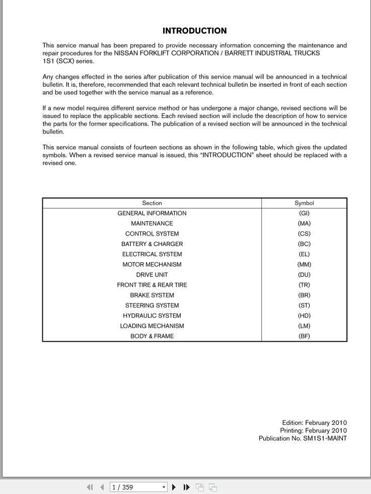 Nissan Forklift 1S1 SCX Service Manual SM1S1 MAINT 2010
