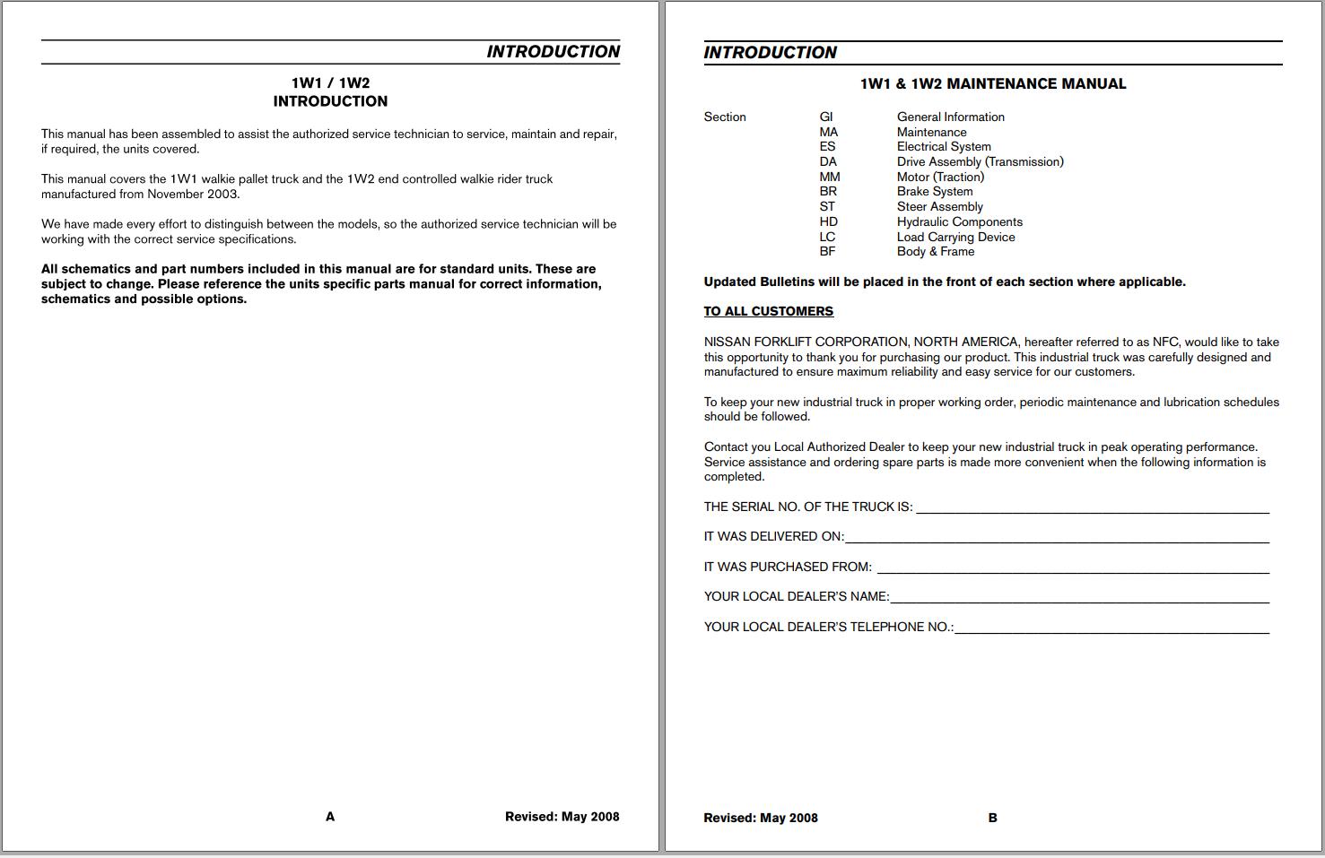 Nissan Forklift 1W1 1W2 Service Manual 2008