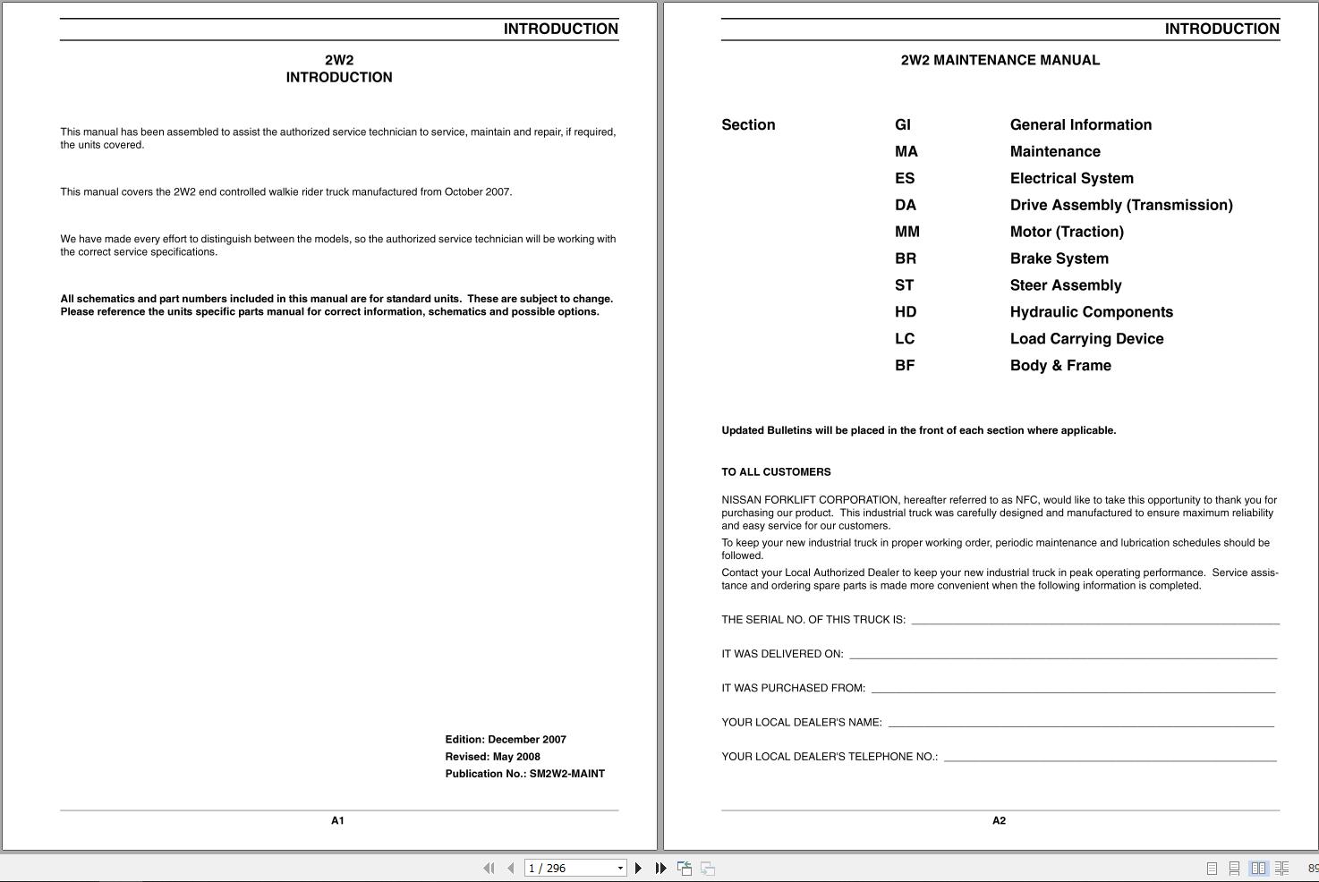 Nissan Forklift 2W2 Service Manual SM2W2 MAINT 2007