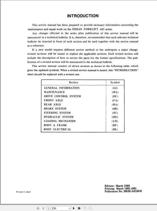 Nissan Forklift A01 Service Manual SM3E A01SG0 1983