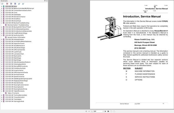 Nissan Forklift COSN 30 Service Manual COS30 SMEOS 2002