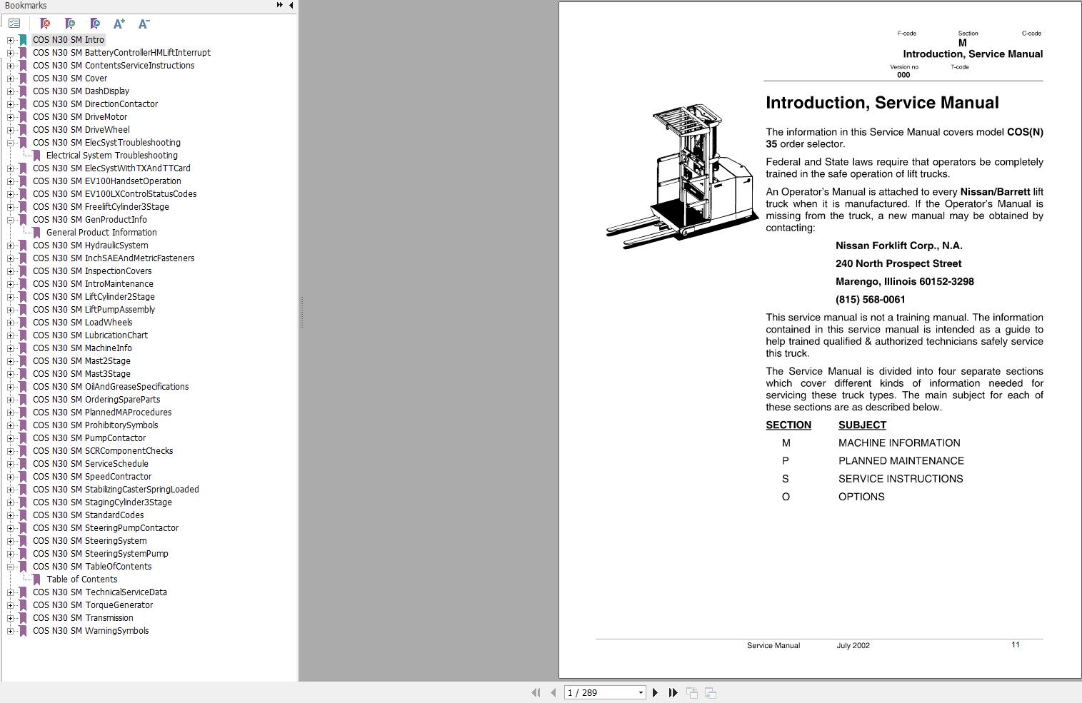 Nissan Forklift COSN 30 Service Manual COS30 SMEOS 2002