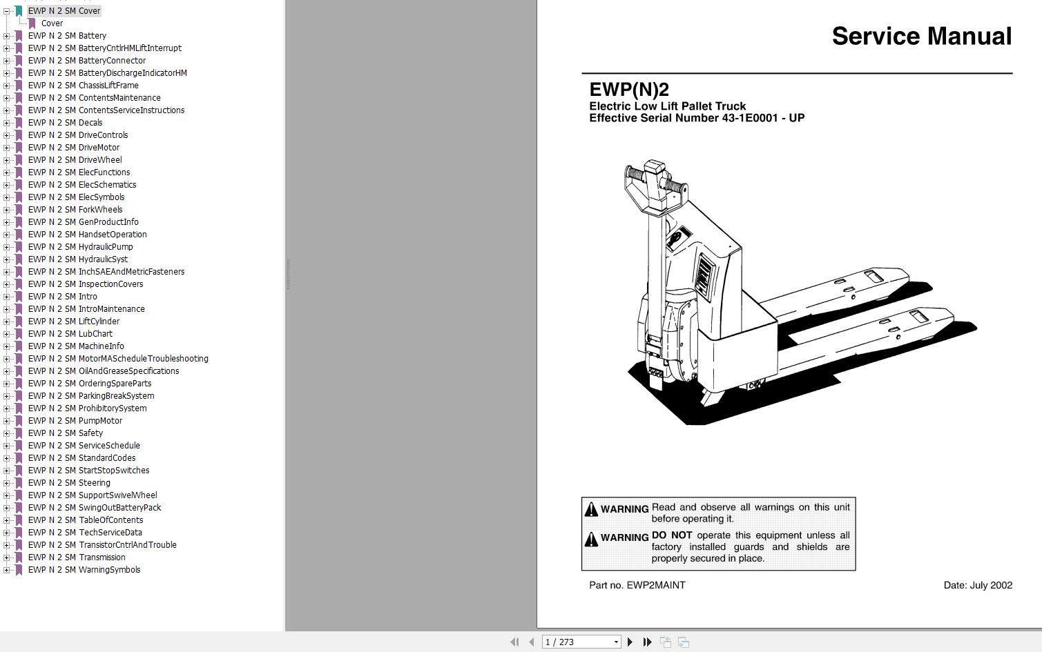 Nissan Forklift EWP N 2 Service Manual EWP2MAINT 2002
