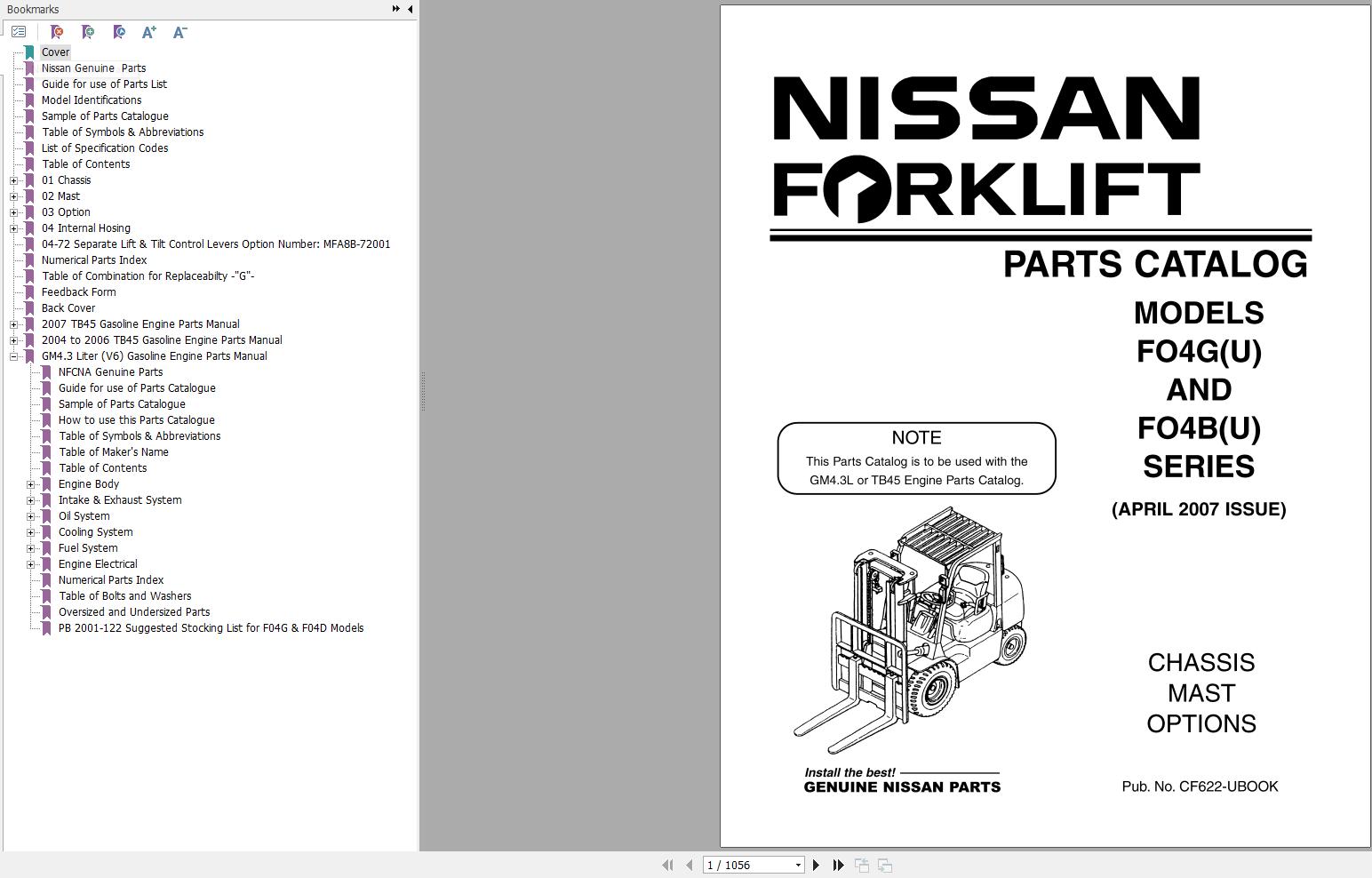 Nissan Forklift F04G F04B F04GU F04BU Parts Catalog CF622 UBOOK 2007