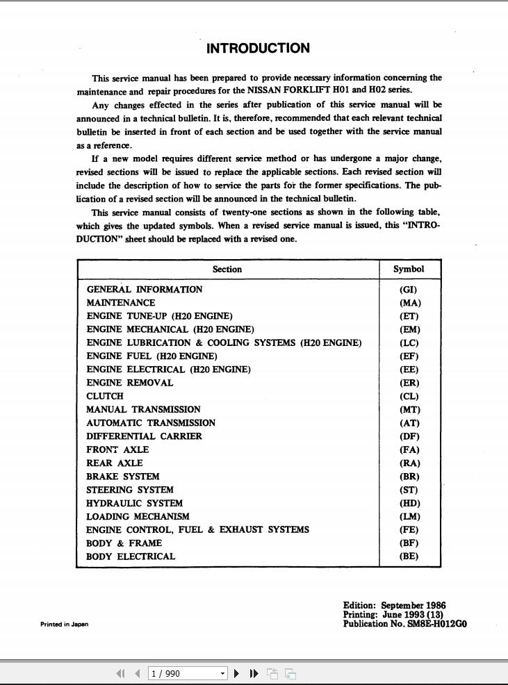 Nissan Forklift H01 H02 Service Manual SM8E H012G0 1986
