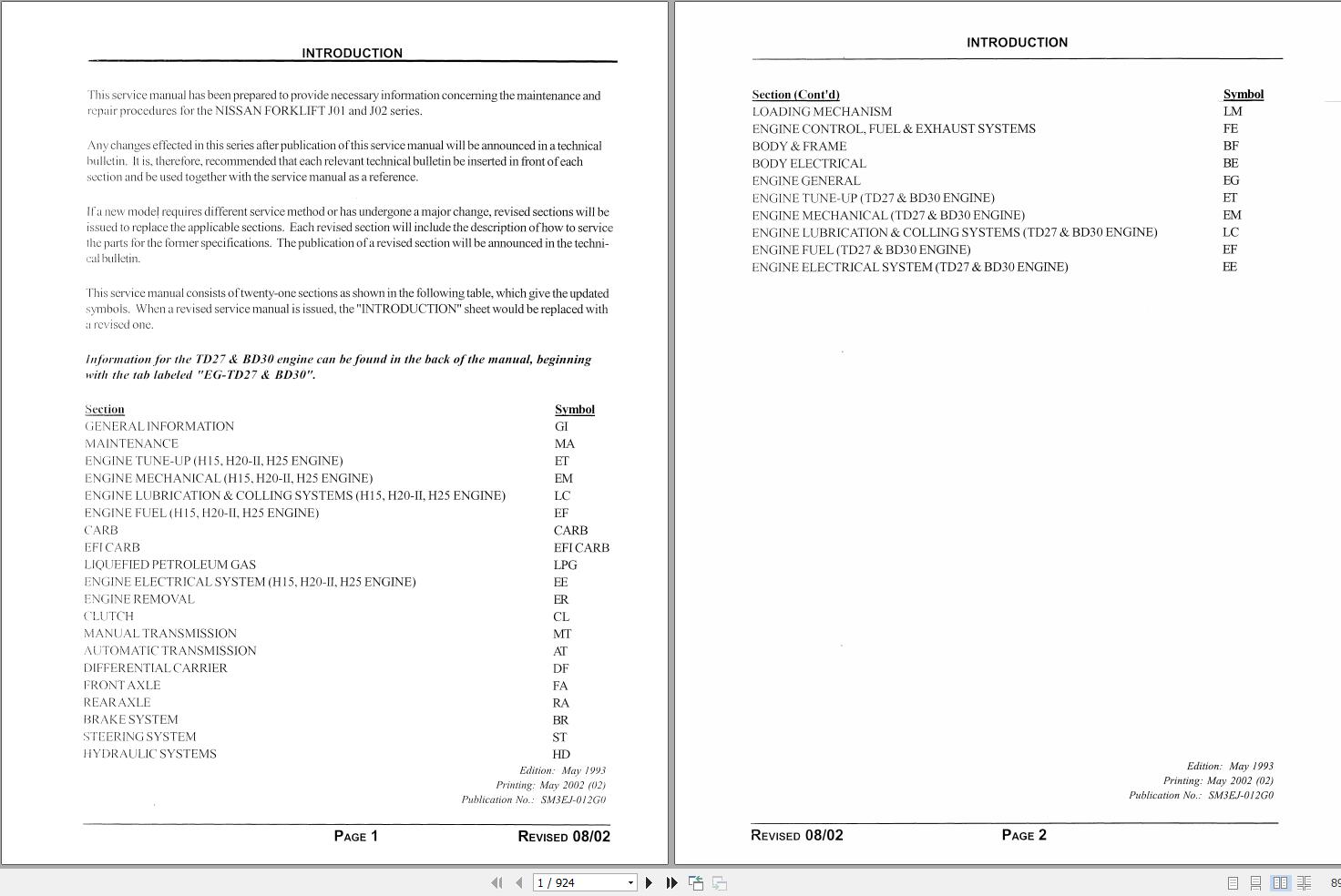 Nissan Forklift J01 J02 Service Manual SM3EJ 012G0 2002
