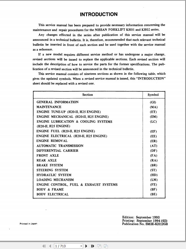 Nissan Forklift KH01 KH02 Service Manual SM3E KH12G0 1993