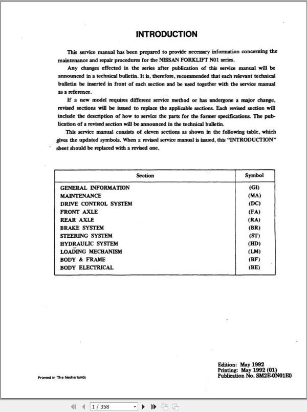 Nissan Forklift N01 TN01 Service Manual SM2E 0N01E0 1992