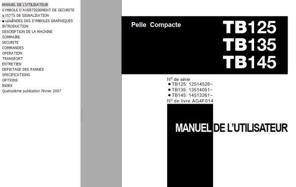 Takeuchi Excavator TB125 TB135 TB145 Parts Workshop Operators Manual FR EN