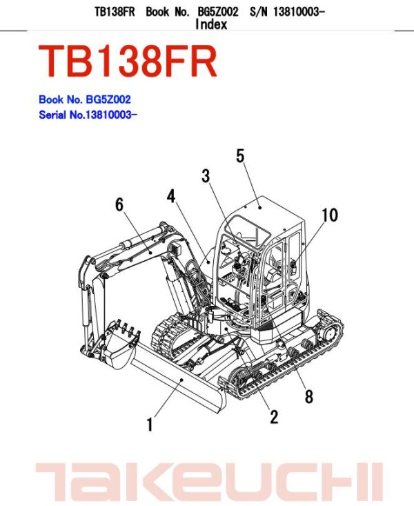 Takeuchi Excavator TB138FR TB153FR TB180FR Parts Workshop Operators Manual DE EN 1