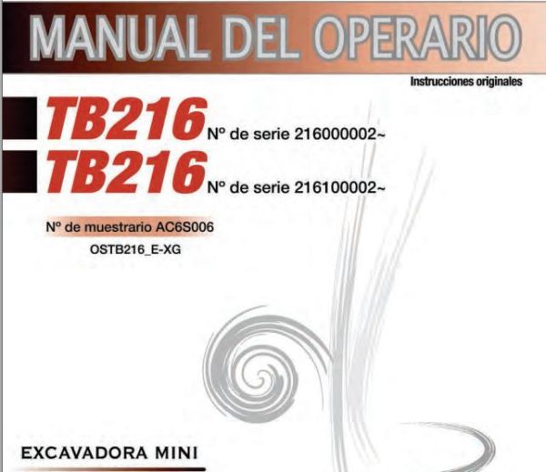Takeuchi Excavator TB216 Operators Parts Workshop Manual ES EN