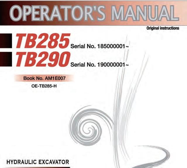 Takeuchi Excavator TB285 TB290 Workshop Operators Parts Manual