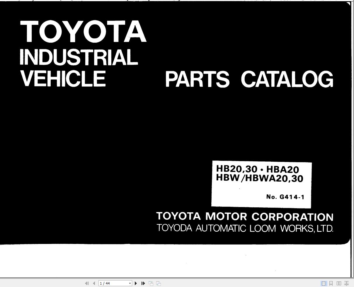 Toyota Forklift HB20 to HBWA30 Parts Catalog