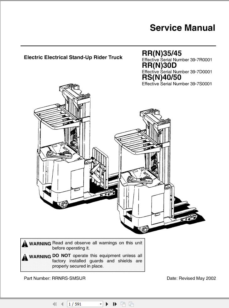 Unicarier Forklift RR35 to RS50 RRN35 to RSN50 Service Manual RRNRS SMSUR 2002