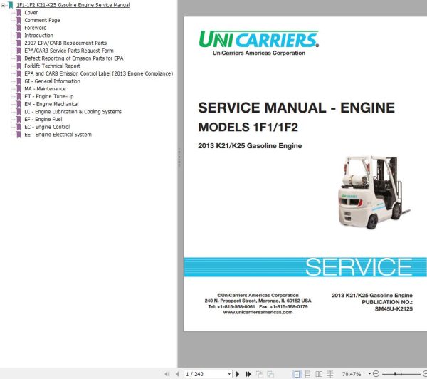 Unicarrier Forklift 1F1 1F2 Engine K21 K25 Service Manual SM45U K2125 2015