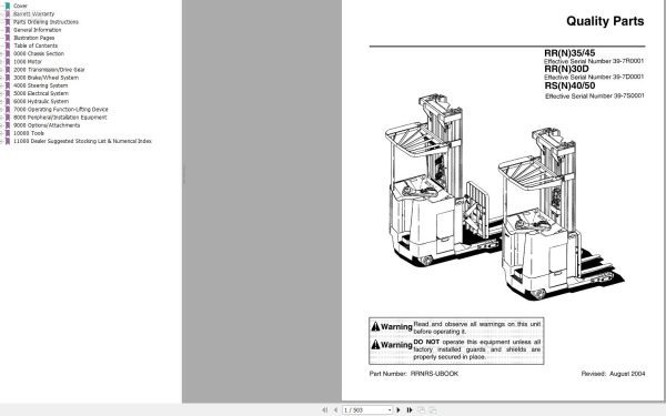 Unicarrier Forklift RR35 to RS50 RRN30 to RRS50 Quality Parts RRNRS UBOOK 2004