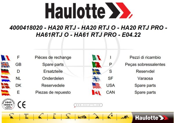Haulotte Articulating Boom Lift HA20RTJ to HA61RTJ PRO Spare Parts Catalog EN FR