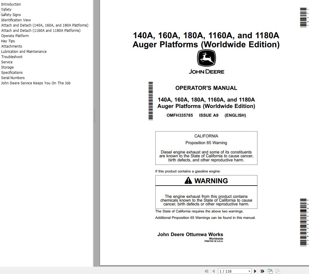 John Deere Auger Platforms 140A 160A 180A 1160A 1180A Operators Manual