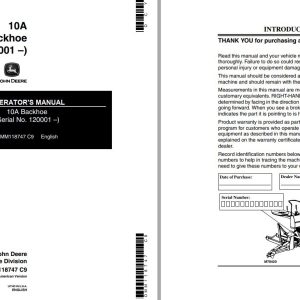 John Deere Backhoe 10A Operators Manual
