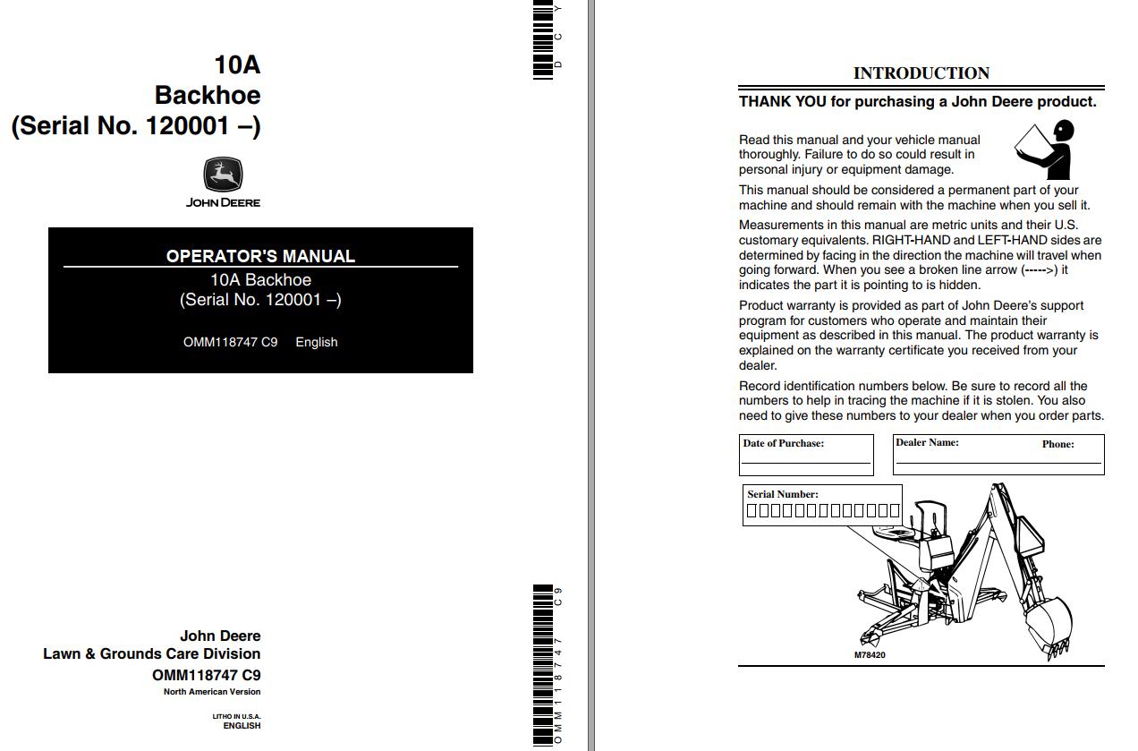 John Deere Backhoe 10A Operators Manual