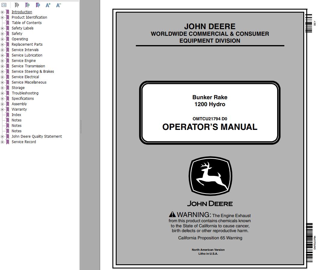 John Deere Bunker Rake 1200 Hydro Operators Manual EN ES