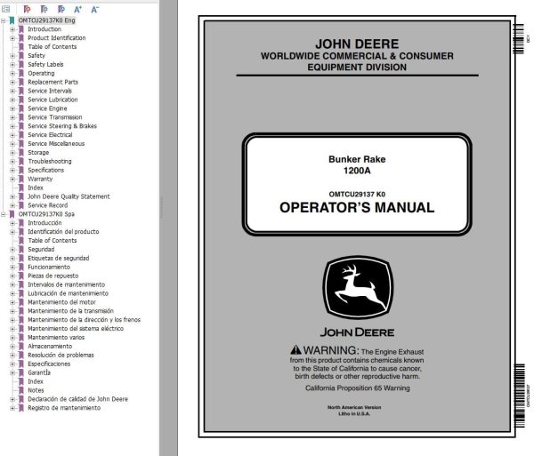 John Deere Bunker Rake 1200A Operators Manual EN ES