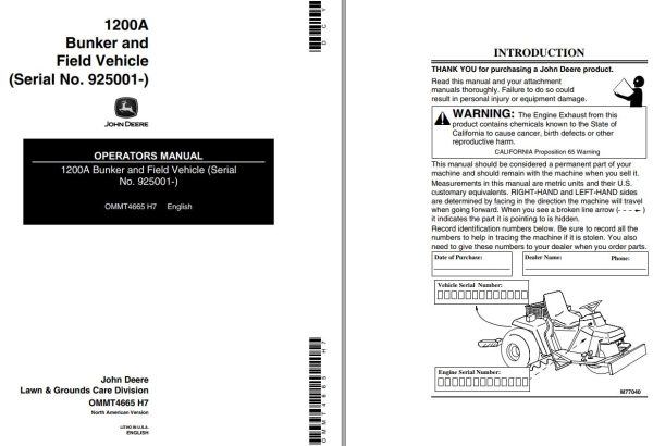 John Deere Bunker and Field Vehicle 1200A Operators Manual