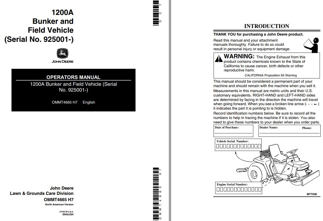 John Deere Bunker and Field Vehicle 1200A Operators Manual