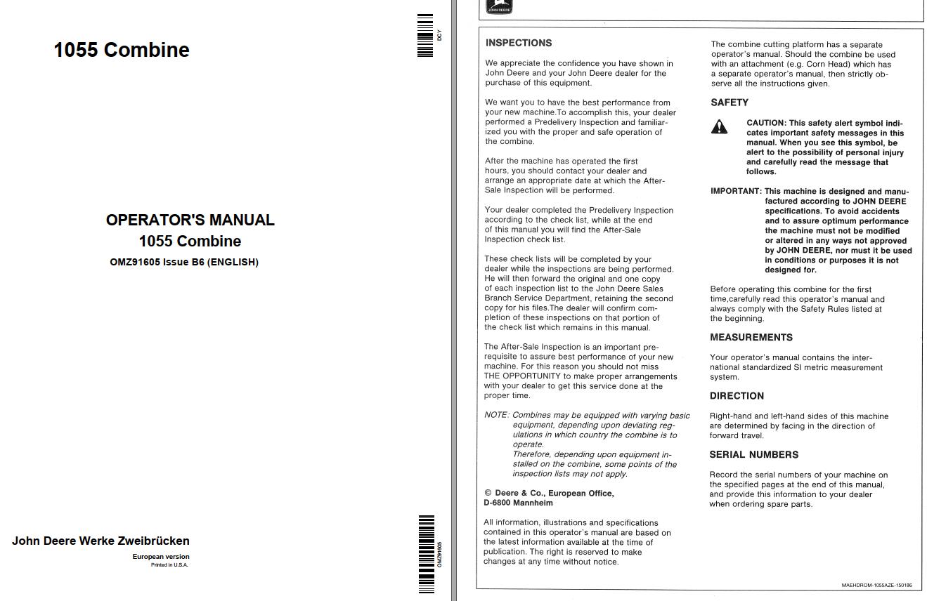 John Deere Combine 1055 Operators Manual