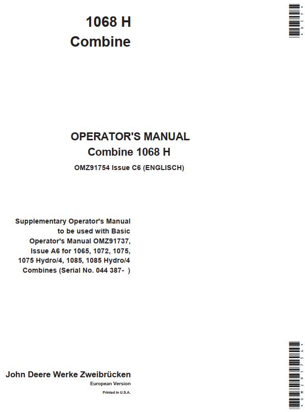John Deere Combine 1068H Operators Manual