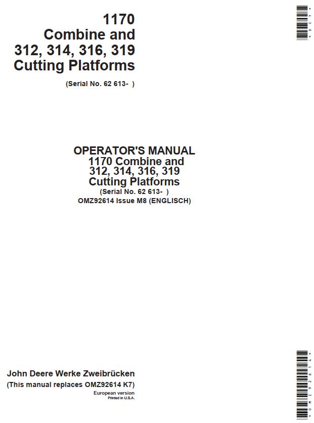 John Deere Combine 1170 Cutting Platforms 312 to 319 Operators Manual 1
