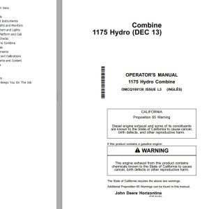 John Deere Combine 1175 Hydro Operators Manual