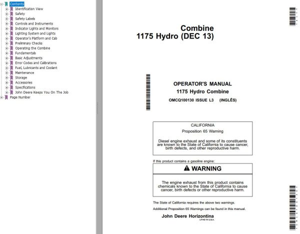 John Deere Combine 1175 Hydro Operators Manual