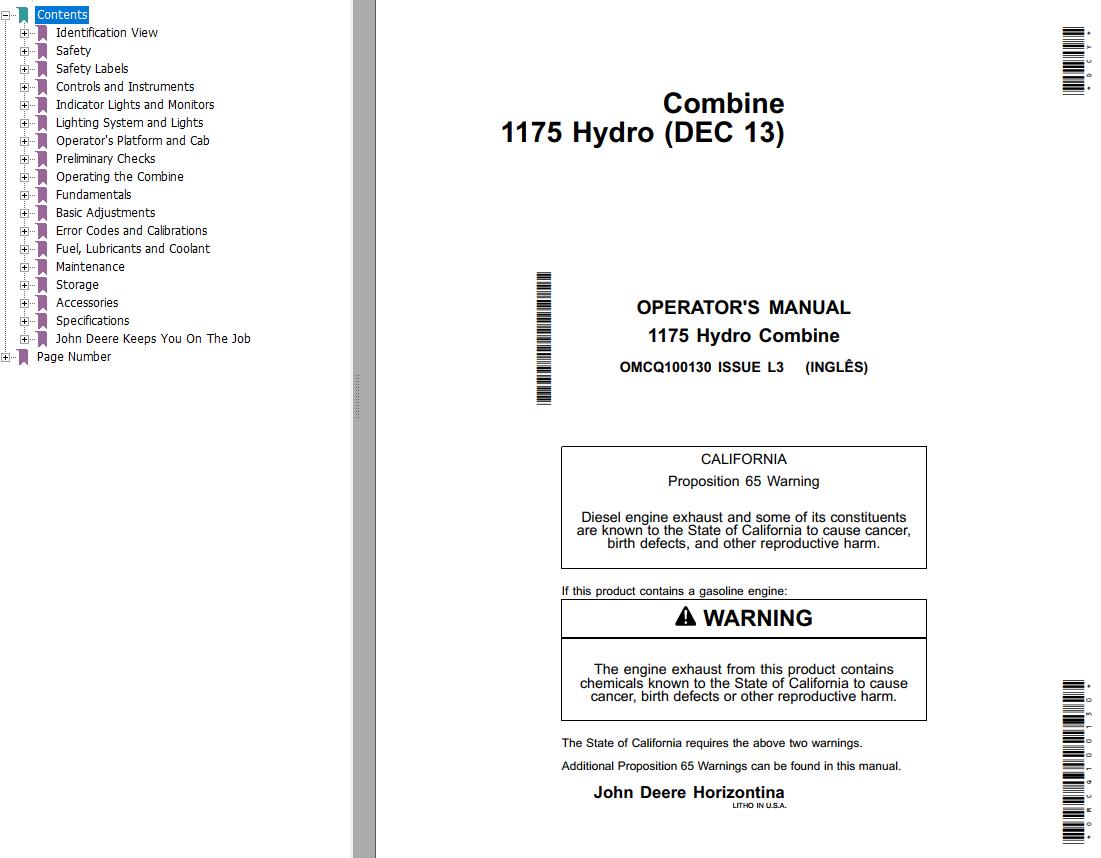 John Deere Combine 1175 Hydro Operators Manual