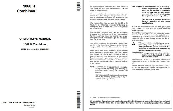 John Deere Combines 1068H Operators Manual