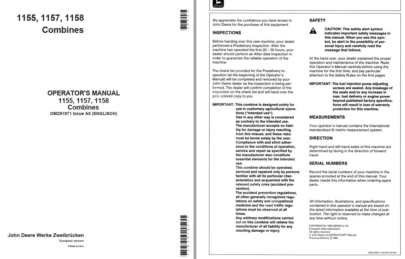 John Deere Combines 1155 1157 1158 Operators Manual