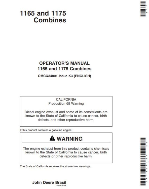 John Deere Combines 1165 1175 Operators Manual