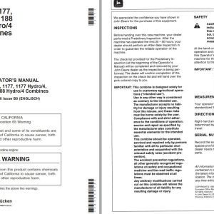 John Deere Combines 1166 1174 1177 1177 Hydro 4 1188 Operators Manual 1