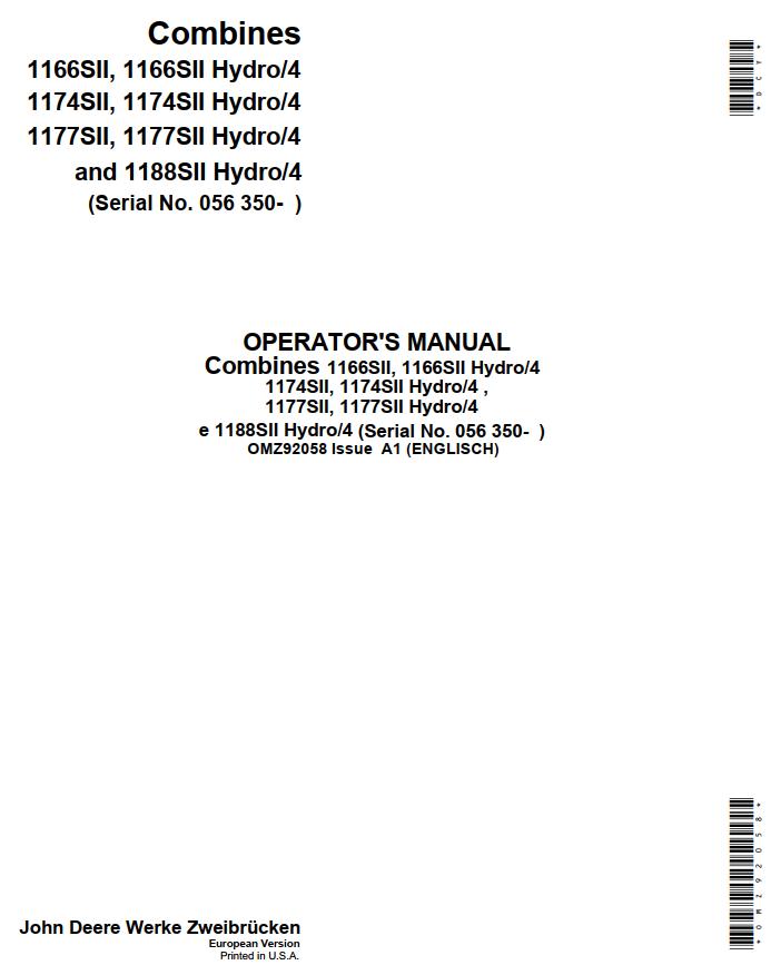 John Deere Combines 1166SII to 1188SII Hydro 4 Operators Manual