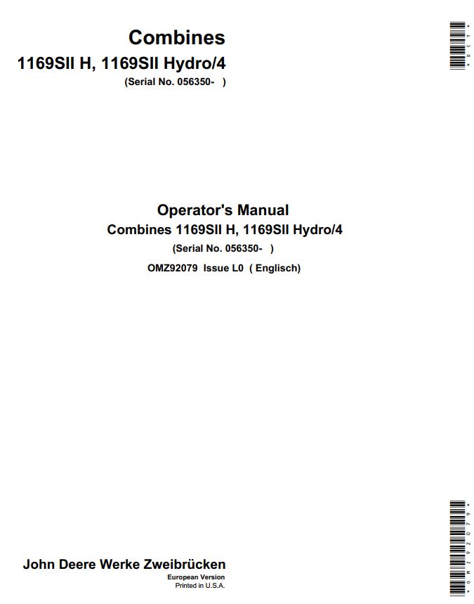 John Deere Combines 1169SII H 1169SII Hydro 4 Operators Manual