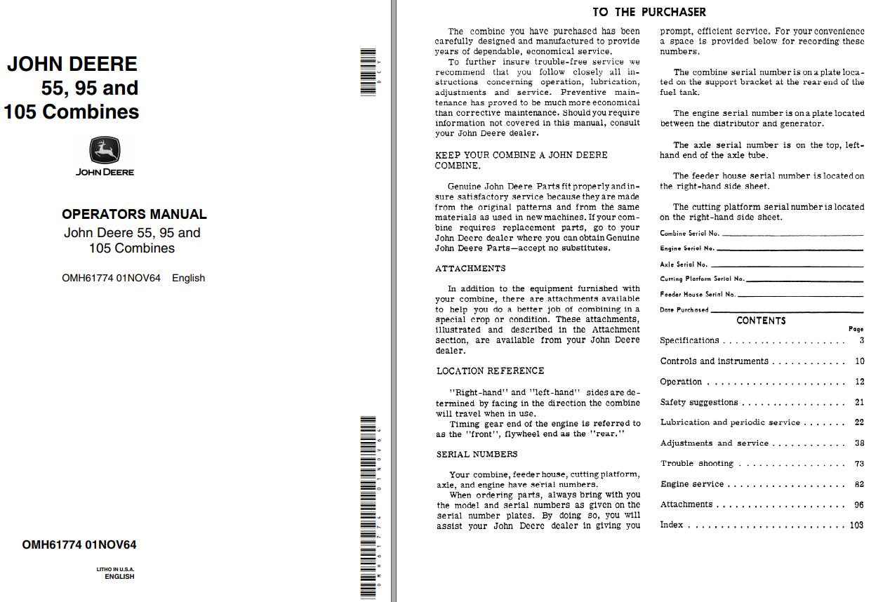 John Deere Combines 55 95 105 Operators Manual EN ES
