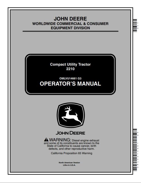 John Deere Compact Utility Tractor 2210 Operators Manual