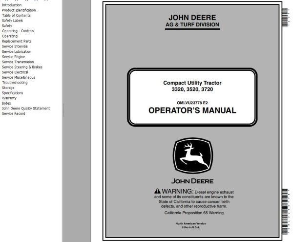 John Deere Compact Utility Tractor 3320 3520 3720 Operators Manual