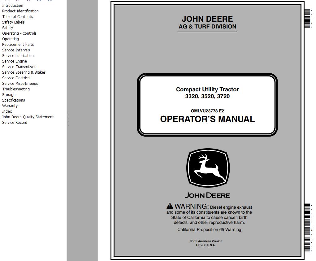 John Deere Compact Utility Tractor 3320 3520 3720 Operators Manual