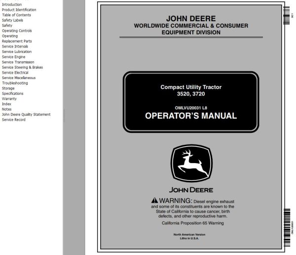 John Deere Compact Utility Tractor 3520 3720 Operators Manual