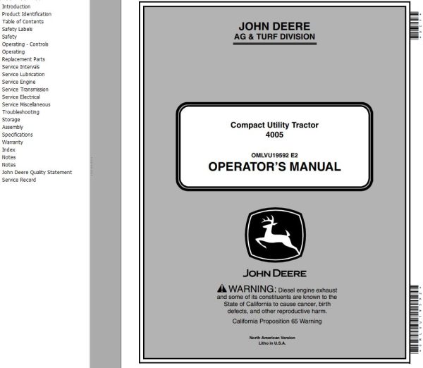 John Deere Compact Utility Tractor 4005 Operators Manual
